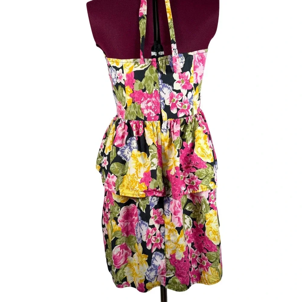 Moda International Floral Halter Dress Cotton Tiered Peplum Retro Y2K Vtg Size 6 - Picture 2 of 16